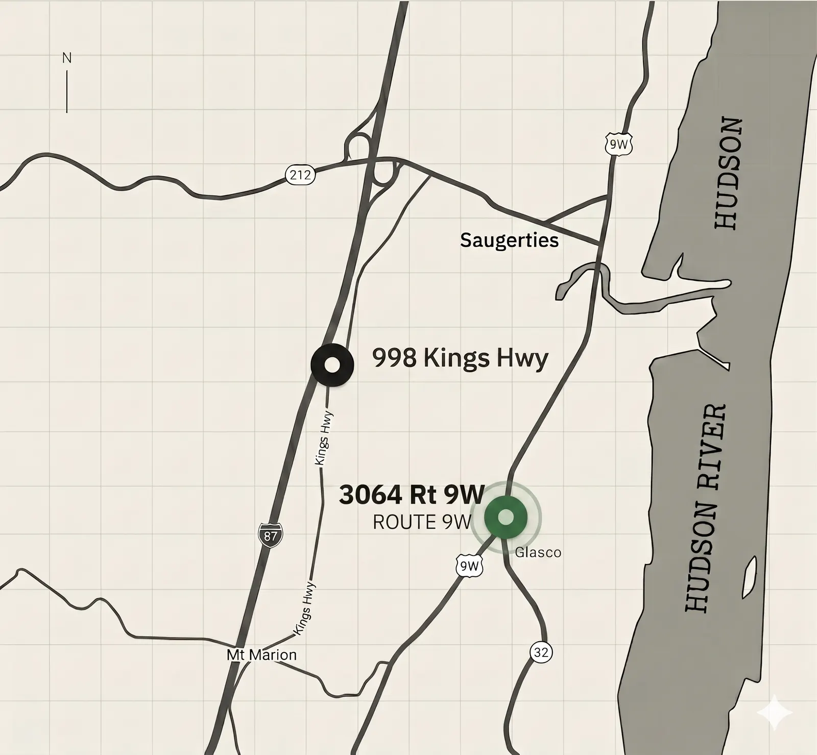 Map showing the 3064 Route 9W self storage location in Saugerties, NY